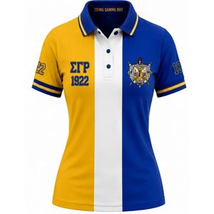 Polo personnalisé pour femmes Sigma Gamma Rho, design trois panneaux bicolore, bleu roi et or, manches courtes, vêtements à lettres grecques, vente en gros - Product Image 1