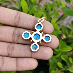 Crucifijo Cristiano de Cobre Azul Turquesa, Chapado en Oro de 18K, Colgante Religioso de Latón con Piedra, Componente para Fabricación de Joyas - Product Image 5