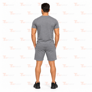 Men's Gray Cotton <b>T</b>-<b>Shirt</b> and Shorts Set Solid <b>Color</b> Front Logo Print Breathable Knitted Summer Casual Wear Men <b>Shirts</b> & Shorts - Product Image 4