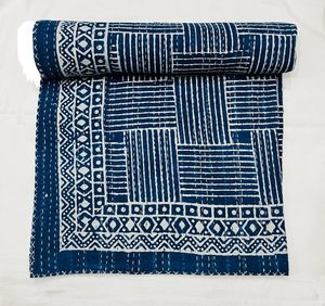 Traditional Chinese Cotton Kantha <b>Quilt</b> Blue Floral Eco-Friendly Hand-Stitched Wedding Hotel Bedspread Home Decor <b>Throw</b> Cover - Product Image 1