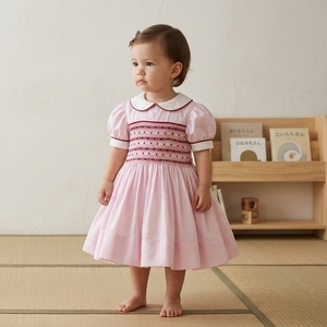 Vestido de Algodón Ecológico para Niñas, Diseño Vintage Rosa, Bordado a Mano, con Estampado Geométrico, Estilo Inglés, Venta al Por Mayor, ODM, OEM - Product Image 4
