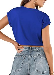 Chemisier court à imprimé floral bleu pour femme, manches courtes, col rond, coupe décontractée ample, 100 % coton, printemps-été - Product Image 2