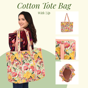 Bolso Tote Multicolor de Algodón Acolchado Estampado a Mano de Jaipur, Bolsos de Hombro Hechos a Mano - Product Image 4