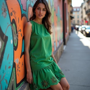 Mini vestido ALine sin mangas de algodón con cuello redondo verde, dobladillo con volantes festoneados, recortes florales láser, diseño de ojales para mujer - Product Image 4