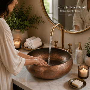 Handcrafted <b>Round</b> Hammered Copper Vessel Wash <b>Basin</b> Rustic Luxury Countertop Bathroom Sink Designer Copper <b>Basin</b> for Home Hotel - Product Image 2