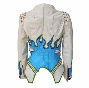 Blouson Moto Coupe-Vent en Cuir PU Blanc avec Broderie Flamme Bleue, Détails Rivets, Fermeture Éclair, Coupe Slim, Style Motard Unisexe Hiver - Product Image 4
