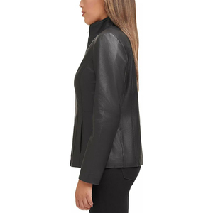 Veste moto en cuir véritable pour femme, manches longues, fermeture éclair, col montant, couleur unie, vêtement d'hiver - Product Image 3