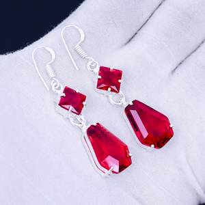 Boucles d'oreilles pendantes en argent sterling 925 avec grenat rouge, bijoux faits à la main, boucles d'oreilles pour femmes, vente en gros - Product Image 2