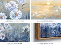 Peinture à l'huile coucher de soleil sur l'océan peinte à la main, fleurs blanches, paysage côtier, toile encadrée, décoration murale pour la maison