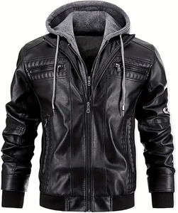 New Men's Faux Leather <b>Jacket</b> Motorcycle <b>Biker</b> <b>Jackets</b> Waterproof Windproof Genuine Leather <b>Jacket</b> with Removable Hood - Product Image 1