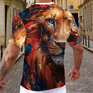 T-shirt à imprimé graphique 3D Lion par sublimation - Style peinture à l'huile artistique, streetwear décontracté, manches courtes, col rond, haut tendance - Product Image 3