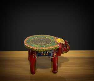 Tabouret en bois artisanal en forme d'éléphant avec dessus en feuille de laiton embossée |   Table d'appoint moderne peinte à la main pour plantes, style Rajasthan, pour la maison ou le bureau - Product Image 3