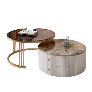 โต๊ะกาแฟทรงกลมแบบซ้อนกันได้ ท็อปไม้ โครงโลหะ โต๊ะข้างสำหรับห้องนั่งเล่น เฟอร์นิเจอร์ตกแต่งบ้านสไตล์โมเดิร์น ของตกแต่งภายในบ้าน - Product Image 1
