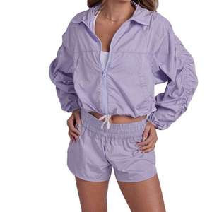 <b>Women</b> 2 Piece Short Set Windbreaker Oversize Zipper Cropped Top Short Set Shorts and <b>Jacket</b> Set <b>Women</b> Reasonable Price OEM - Product Image 1