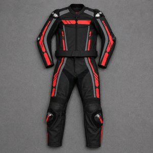 Combinaison de moto unisexe à manches longues en cuir noir et rouge respirante 500g avec protection CE, coupe-vent, design color block, toutes saisons - Product Image 2