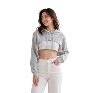Top Corto con Capucha Gris para Mujer, Manga Larga, Tejido de Felpa, Color Sólido Informal, Transpirable, 100% Algodón, Ropa de Invierno, Bordado - Product Image 4
