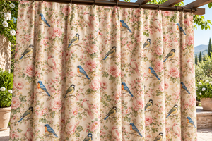 Rideaux occultants beige à imprimé floral pastoral et oiseaux pour salon et porte-fenêtre - Product Image 3