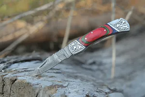 Cuchillo Plegable Recto de Acero de Damasco Hecho a Mano DIY con Bloqueo Trasero, Mango de Madera Pakka Multicolor, Personalizable OBM OEM para Camping - Product Image 6