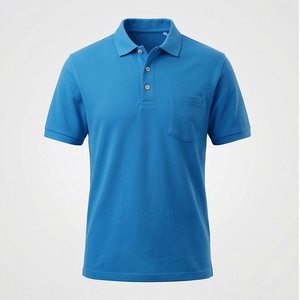 Polo en piqué de coton bleu à manches courtes pour homme avec poche, coupe décontractée classique - Product Image 1