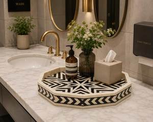 Juego de tocador con incrustaciones de hueso negro y marfil, bandeja rectangular con diseño floral para decoración de baño, fácil de limpiar, juego de decoración para baño - Product Image 2