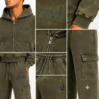 Ensemble survêtement homme Vocksin vintage vert olive avec sweat à capuche zippé et pantalon cargo ample en molleton de coton premium pour l'hiver