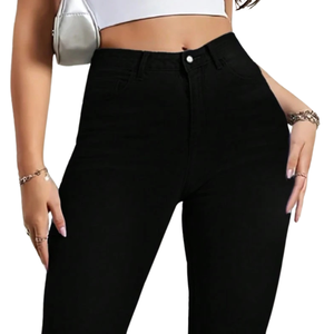 Womens Black <b>Stretch</b> <b>Denim</b> Capri Pants Regular Fit High Waist Button Hem Casual Cropped Jeans Summer Daily Wear Comfort Fit - Product Image 3