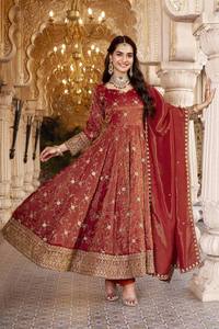 Robe Anarkali longue en soie rouge brodée avec dupatta pour femmes, tenue traditionnelle indienne et pakistanaise pour mariage - Product Image 4