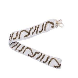 Handmade White Polyester Beaded Bag Strap With Gold Letters Rectangular Shape Embroidery <b>Craft</b> Accessory - Product Image 1