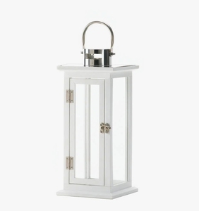 White Wooden Candle <b>Lantern</b> Vintage Pillar Holder with Polished Metal Handle Decorative Coastal <b>Hurricane</b> Lamp Home Decor - Product Image 1
