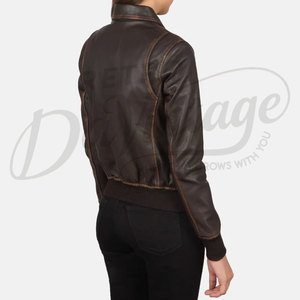 Women Brown Distressed Real <b>Leather</b> <b>Jacket</b> Shirt Collar Slim Fit Premium Sheepskin Casual Winter Bomber Outerwear Fashion Coat - Product Image 2