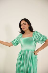 Green Striped Puff Sleeve Midi <b>Dress</b> Square Neck A-Line Cotton Casual Summer <b>Dress</b> Breathable Layered Hem Women's Daily Wear - Product Image 3