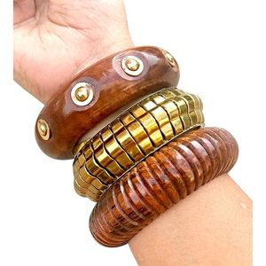 Chunky <b>Wooden</b> Gold Plated <b>Heart</b> Shape Bangle Bracelet for Women & Girls | Stackable Traditional Vintage Jewelry - Product Image 3