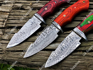 Couteau de camping à lame fixe, pointe tombante, en acier Damas, personnalisable OEM, avec manche en bois Pakka coloré et étui en cuir, directement de l'usine - Product Image 3