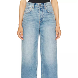 Jean en denim délavé taille haute à jambe large, coupe ample, longueur cheville, pour femme, avec poches, style printemps - Product Image 6