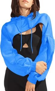 Women Cut-out Crop Tops Hoodies Gym Workout Drawstring Cotton Pullover <b>Sweatshirts</b> Drop Shoulder Cropped Hoodie - Product Image 3