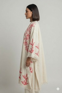 Robe longue beige en coton, col en V, manches longues, coupe ample, motif floral brodé, pour femme, tenue de soirée, ourlet à volants - Product Image 2