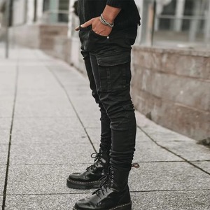 Street <b>Elastic</b> Straight-leg <b>Jeans</b> Men Denim Cargo Pants Light Wash Solid Color Multi Pockets Casual Mid <b>Waist</b> Cotton Embroidery - Product Image 6