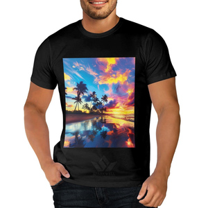 T-shirt décontracté pour homme à manches courtes, col rond, en jersey de coton, coupe classique, imprimé numérique, motif coucher de soleil noir sur fond de plage - Product Image 5