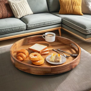 Plateau de service en bois avec poignées, 22 pouces, plateau rond extra large, plateau ottoman en acacia, grands plateaux en bois, plateau ottoman pour salon, plateaux en bois - Product Image 2