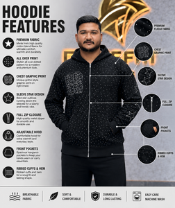 Men's Custom Made <b>Black</b> Rhinestones Pattern Zip-Up <b>Hoodie</b> With Front Logo And Star Sleeve Design Casual Streetwear Sweatshirt - Product Image 2