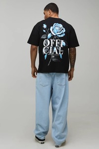 Camiseta Negra Extra Grande para Hombre con Diseño Floral de Rosas Azules en la Espalda, Estilo Urbano, Manga Corta, Cuello Redondo, Jersey de Algodón - Product Image 3