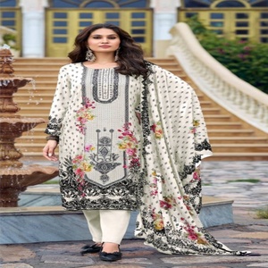 Traje de Muselina de Viscosa de Alta Calidad con Bordado Aari Hecho a Mano, Sólido, Semi-Cosido, Salwar-Dupatta de Manga Larga Azul, Exportaciones Needle - Product Image 1