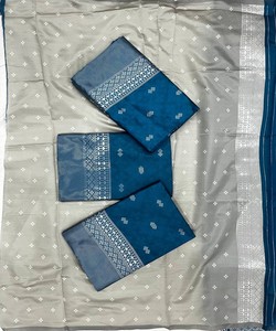 Traditional Blue Silk Saree With Silver Border And Tassels For Wedding Wear Indian Pakistani Ethnic Dress Women <b>Floor</b> Length - Product Image 2