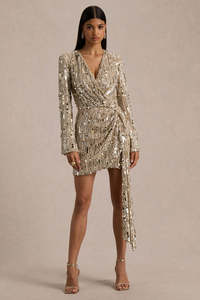 Mini-robe moulante à sequins dorés, décolleté plongeant, avec ceinture, style hip-hop sexy, col en V, pour soirées et événements, best-seller - Product Image 6