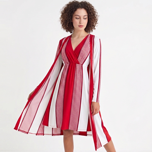 Vestido de Maternidad a Cuadros Rojos y Blancos para Mujer, Manga Larga, Cuello en V, Largo hasta la Rodilla, Corte Holgado, Línea A, 100% Poliéster, Vestido de Verano, Ropa de Dormir - Product Image 1