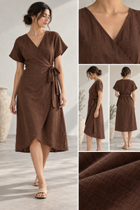 Premium Woven Cotton <b>Linen</b> Knee-Length Breathable Solid Color <b>Wrap</b> Short Sleeve Casual Gown Natural Waist A-Line Silhouette - Product Image 6