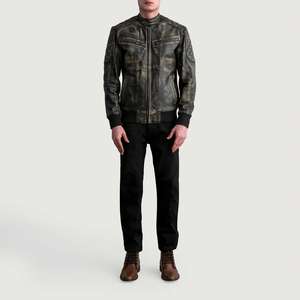 Veste moto en cuir véritable noir pour homme, col montant, fermeture éclair, longueur normale, style automne - Product Image 3