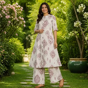 Ensemble Kurta Plazo en coton imprimé crème pour femme, manches trois quarts, col mandarin, motif géométrique, tenue ethnique deux pièces - Product Image 2