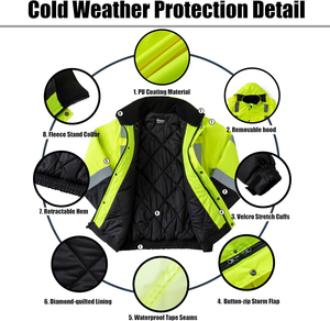 High Visibility Safety <b>Jacket</b> Men Hooded <b>Winter</b> Workwear Reflective Striped <b>Waterproof</b> Fleece Lining Regular Fit - Product Image 5