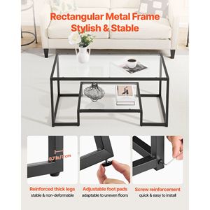 Tavolino da Caffè Moderno a 2 Ripiani in Vetro Temperato con Vano Portaoggetti Aperto, Scrivania Centrale Rettangolare in Metallo Robusto e Minimalista per Casa o Ufficio - Product Image 6